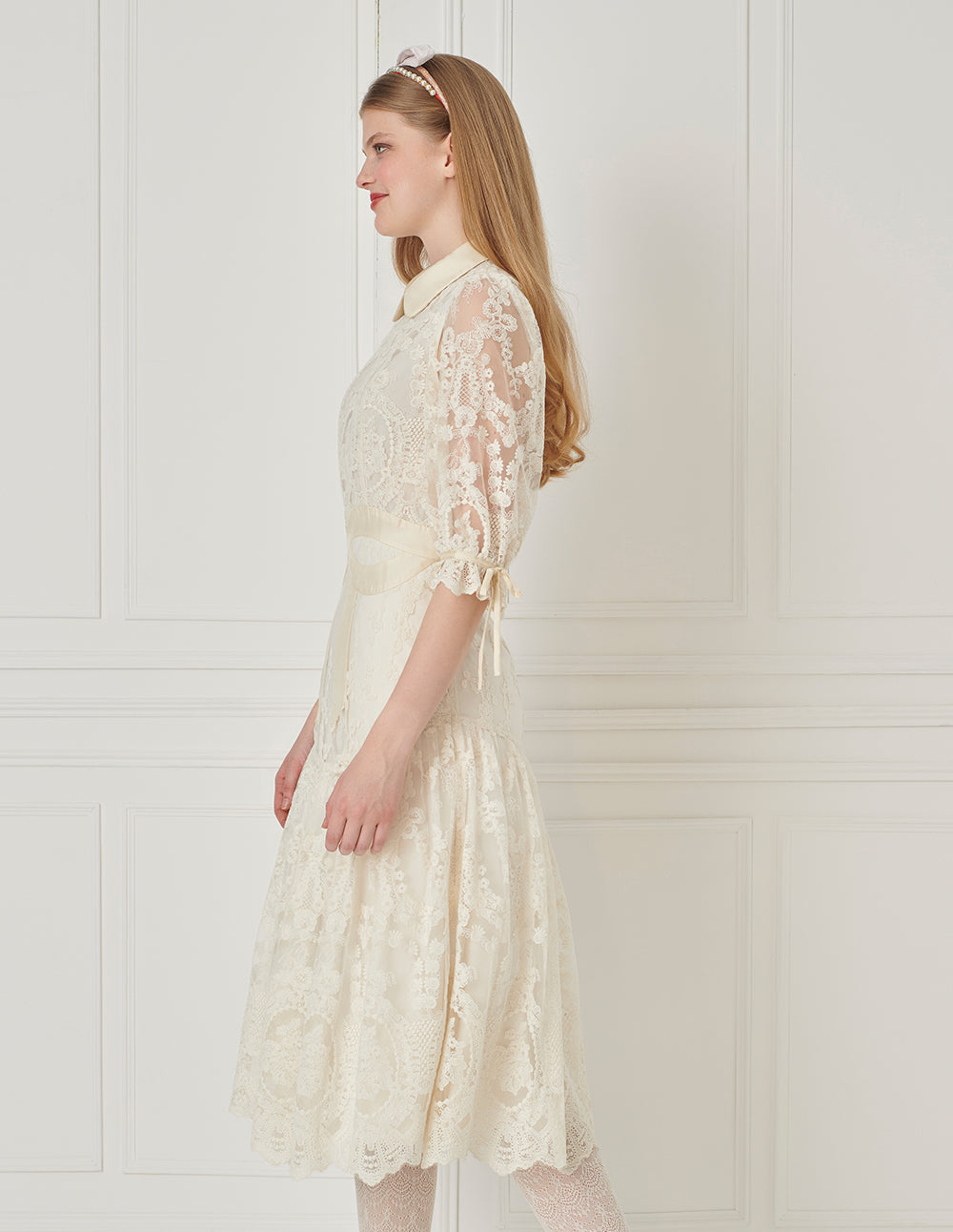 BORA AKSU Peter Pan Collar Lace Panel Pleated Dress