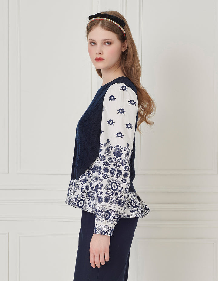 BORA AKSU French Round Collar Knitted Splicing Printed Flower Top