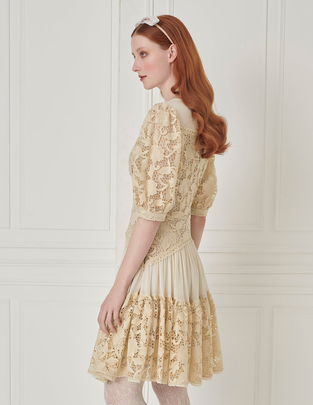 BORA AKSU Beige Lace Dress With Puff Sleeves And Scalloped Hem