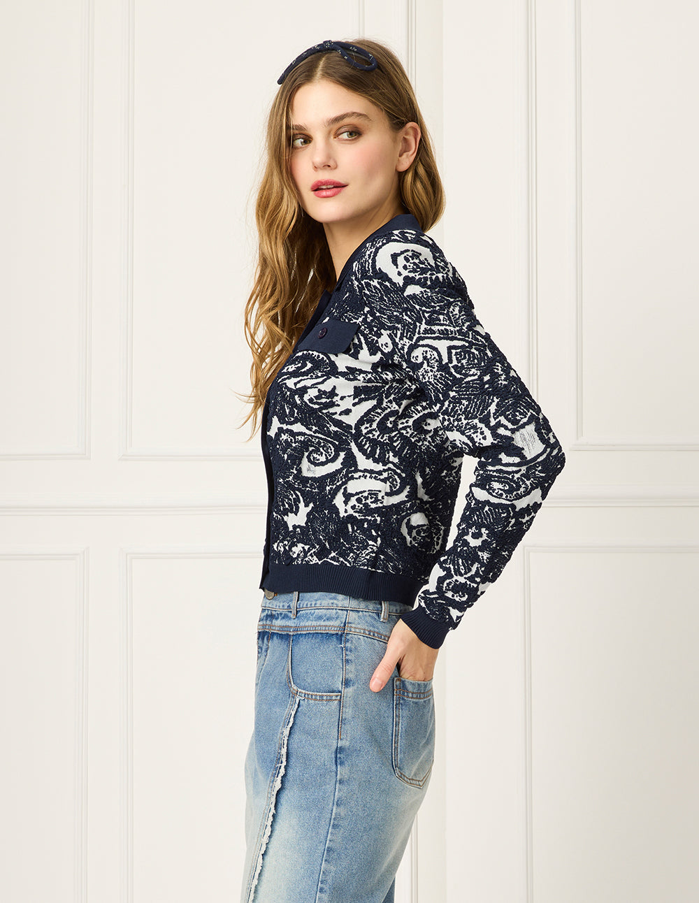 BORA AKSU Laple Embossed Jacquard Fitted Cardigan