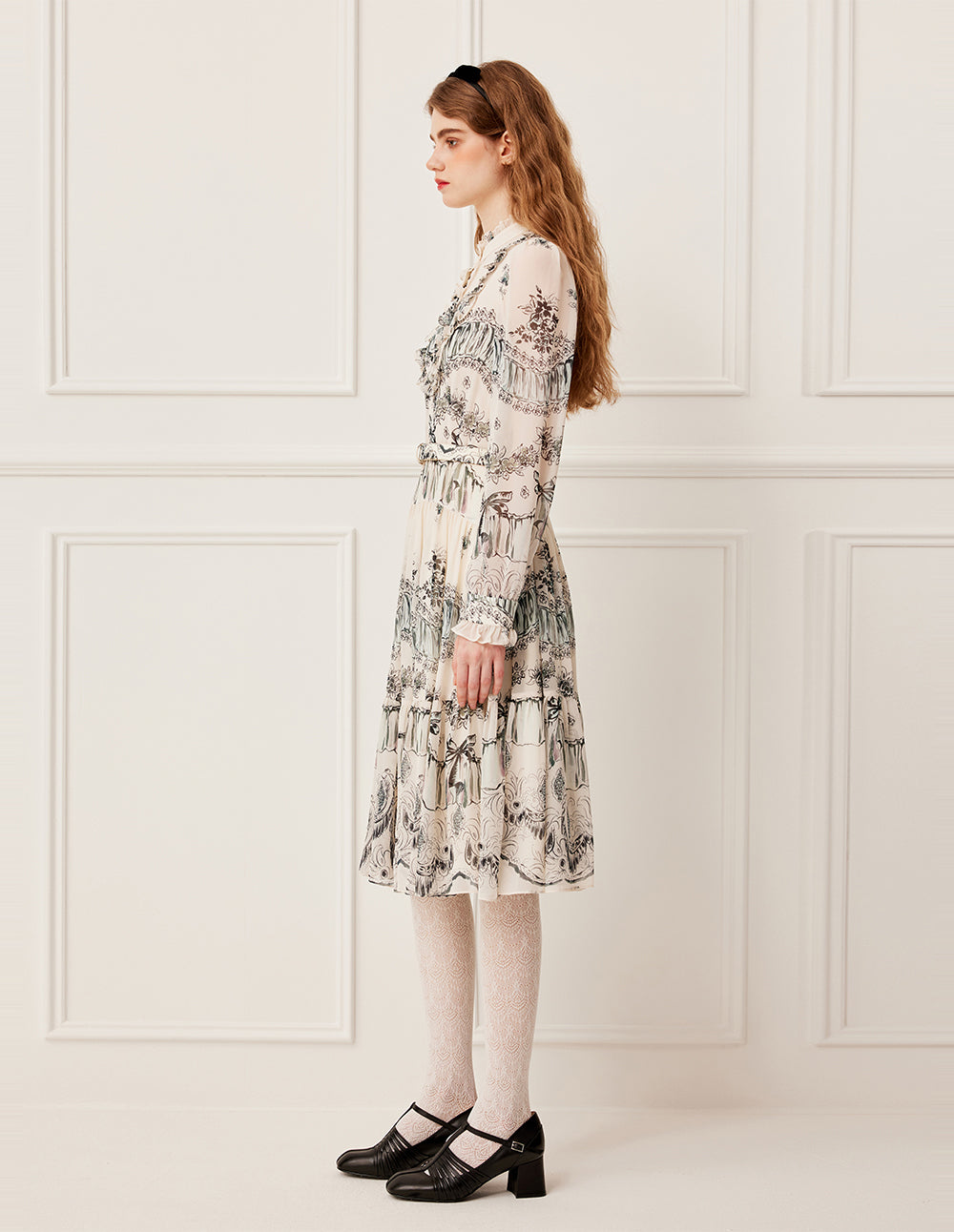 BORA AKSU Stand Collar Ruffled-Trimmed Long Sleeve Ink-Print Belted Pleated Midi Dress