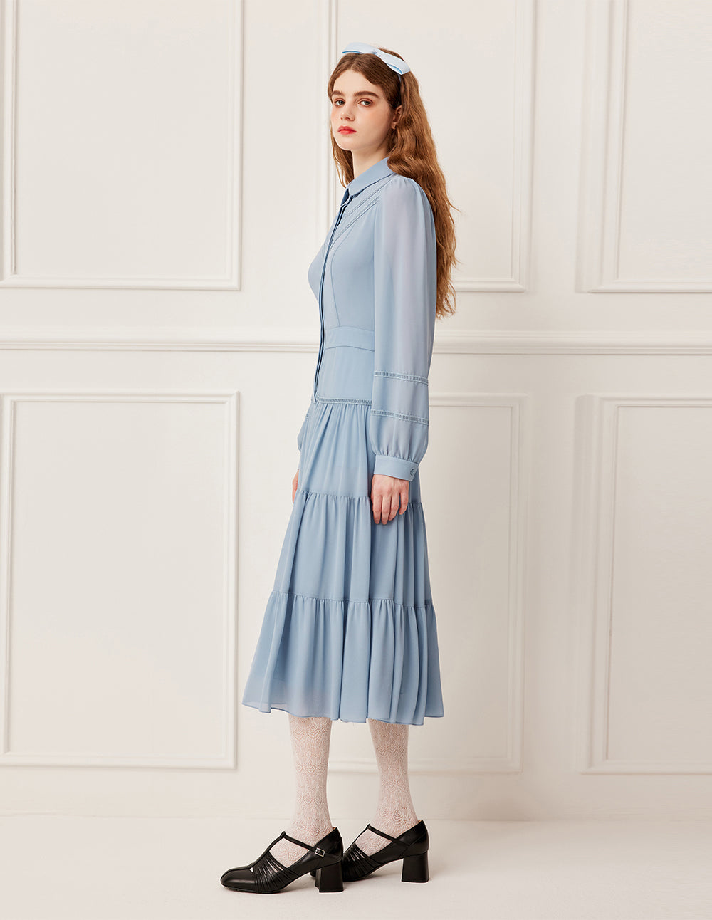 BORA AKSU Layered Ruffle-Trim Long Sleeve Pleated Midi Shirt Dress