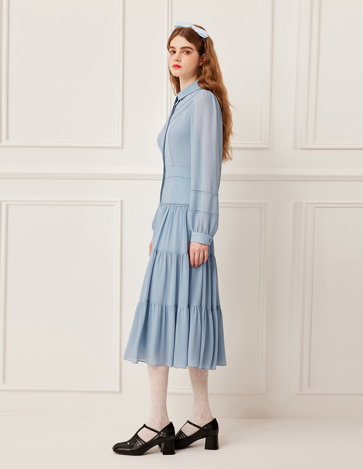 BORA AKSU Layered Ruffle-Trim Long Sleeve Pleated Midi Shirt Dress