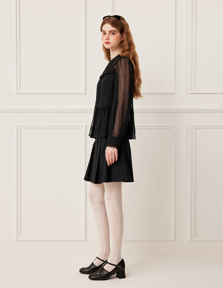 BORA AKSU Ruffled Round Neck Sheer Black Long Sleeve Silk Blouse