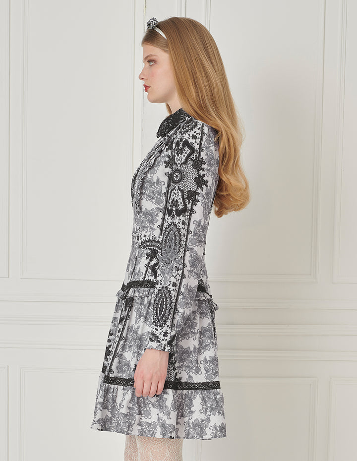 BORA AKSU Peter Pan Collar Puff Sleeve Lace Print Midi Dress