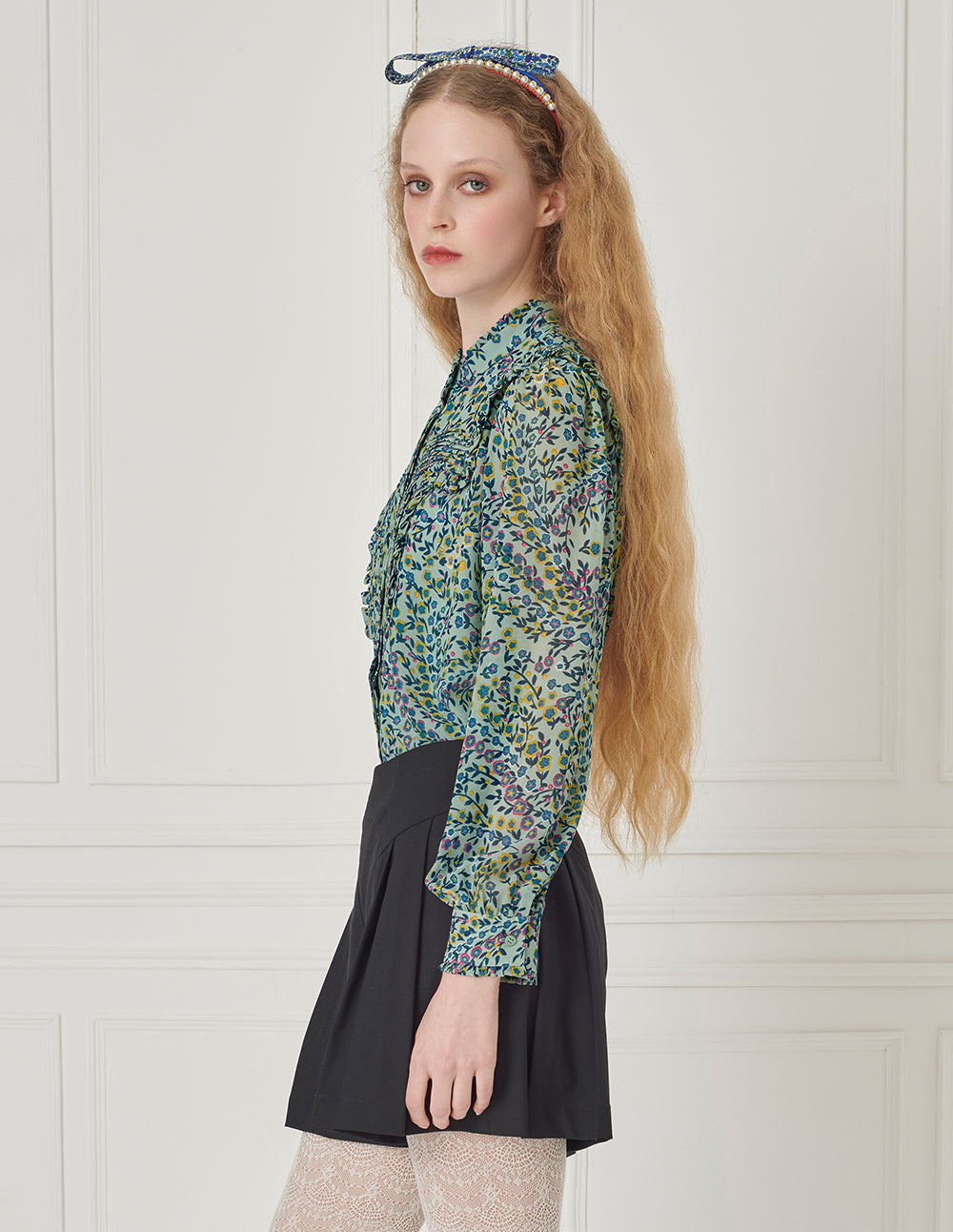 BORA AKSU Ruffle Stand-Collar Long-Sleeve Printed Blouse