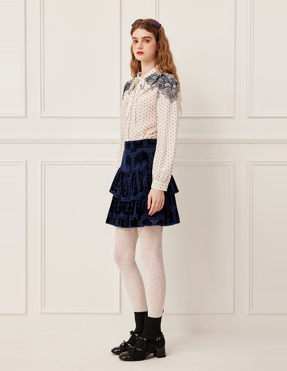 BORA AKSU Navy Blue Jacquard Print Double Layer Velvet A-Line Skirt