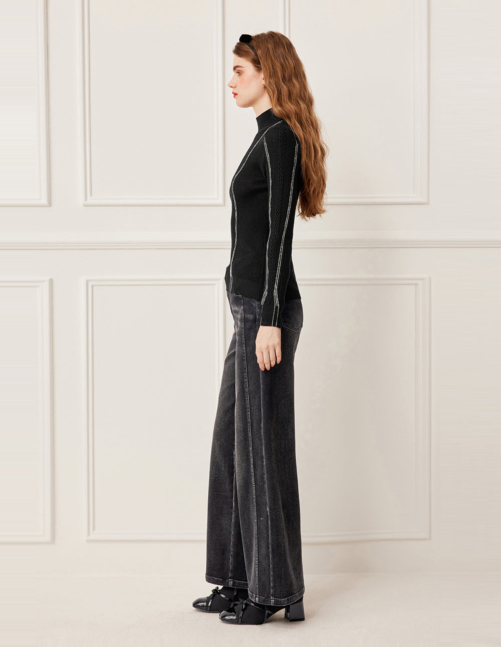 BORA AKSU Semi-High Neck Stripe Detail 100% Wool Knit Sweater