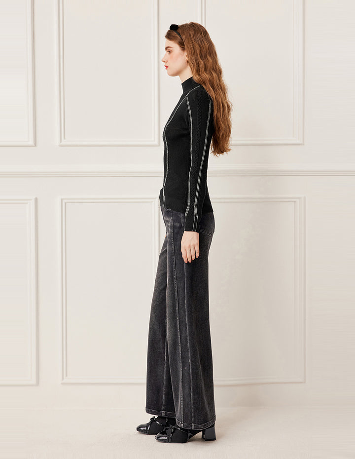 BORA AKSU Semi-High Neck Stripe Detail 100% Wool Knit Sweater