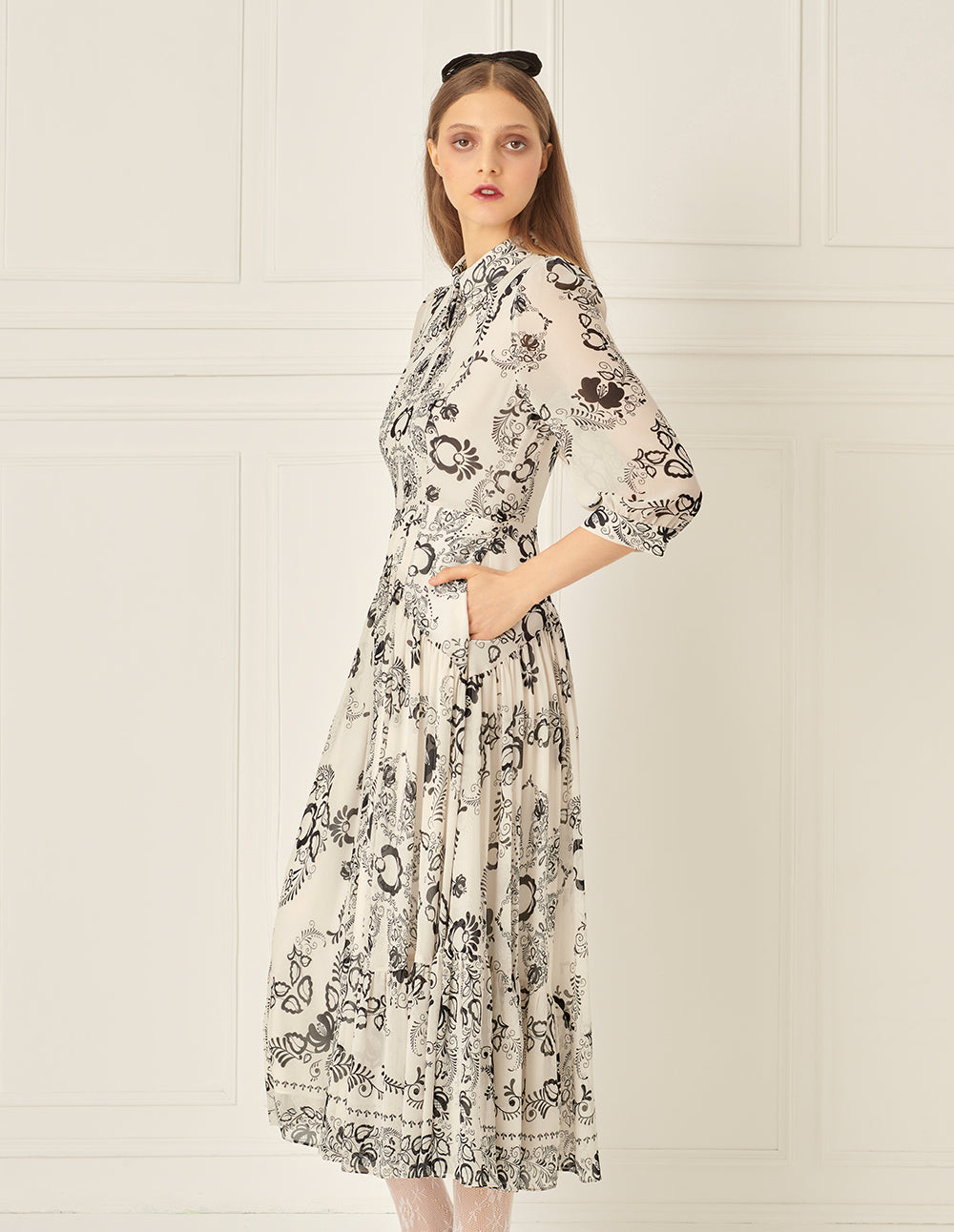 BORA AKSU Puff Sleeve Pleated Line Drawing Print Dress