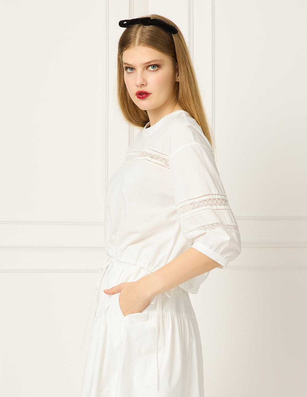 BORA AKSU Round Neck Puff Sleeve Elastic Tie T-Shirt