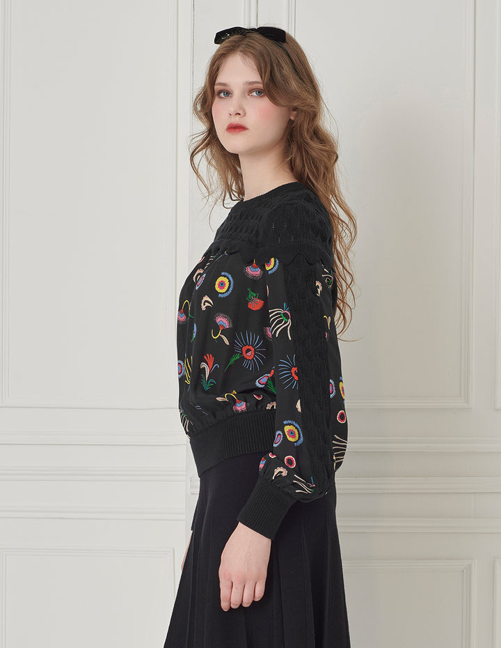 BORA AKSU Crew Neck Silk Patchwork Printed Wool Knitted Sweater