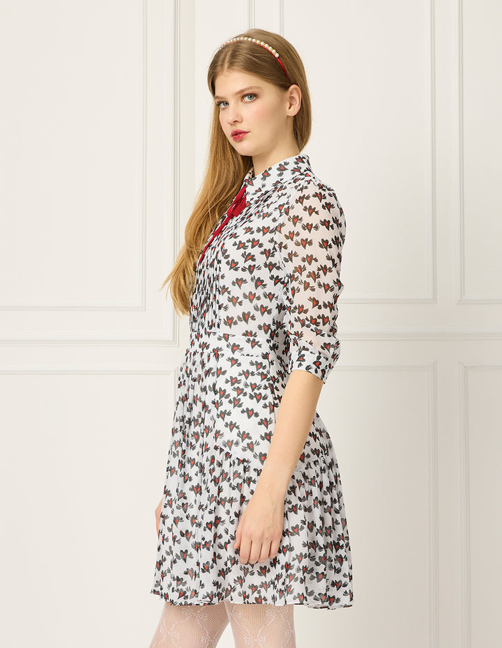 BORA AKSU Lapel Long-Sleeve Pin Tuck Heart Printed Pleated Midi Shirt Dress