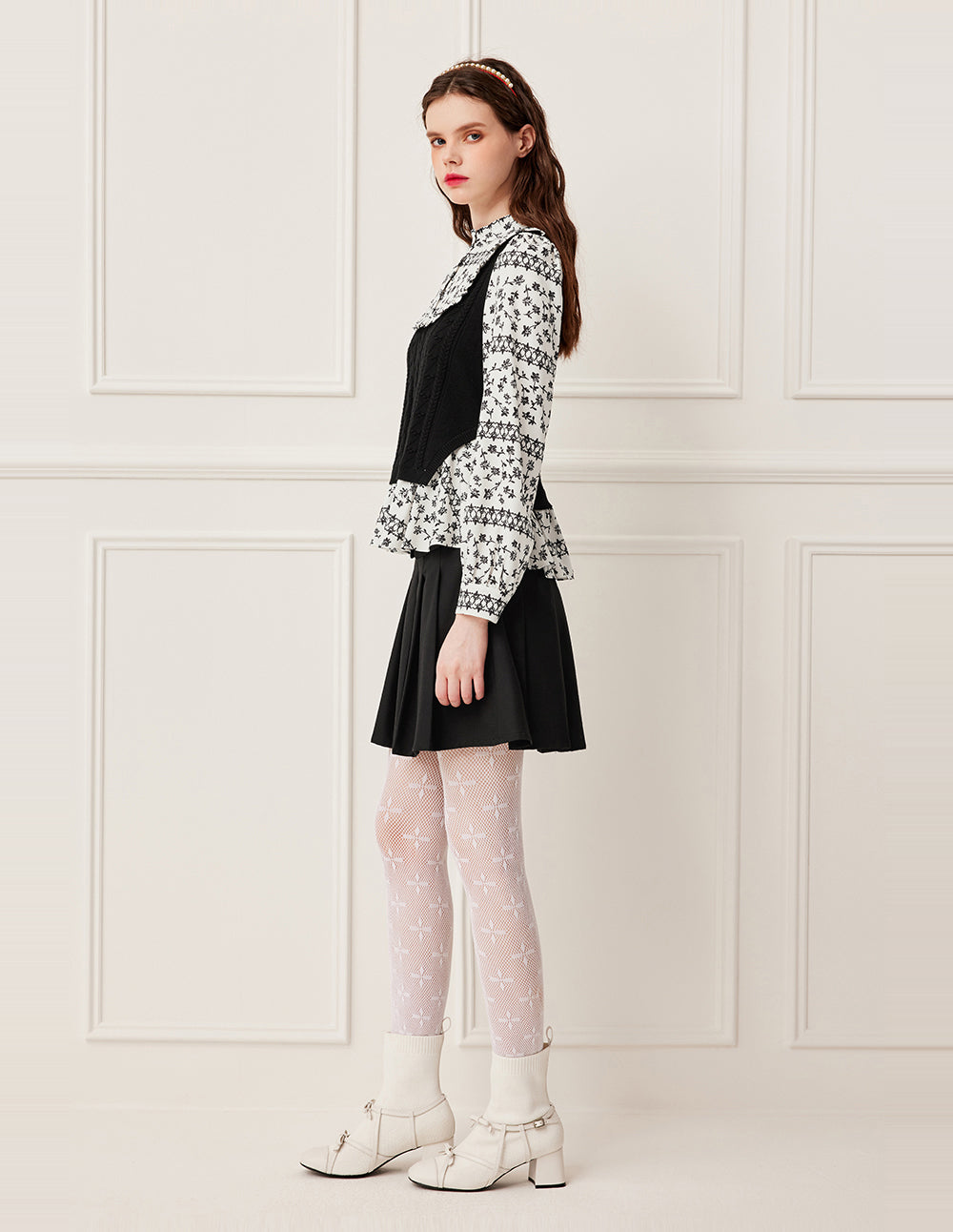 BORA AKSU Ruffled Turtleneck Long Sleeve Floral Patchwork Knit Top