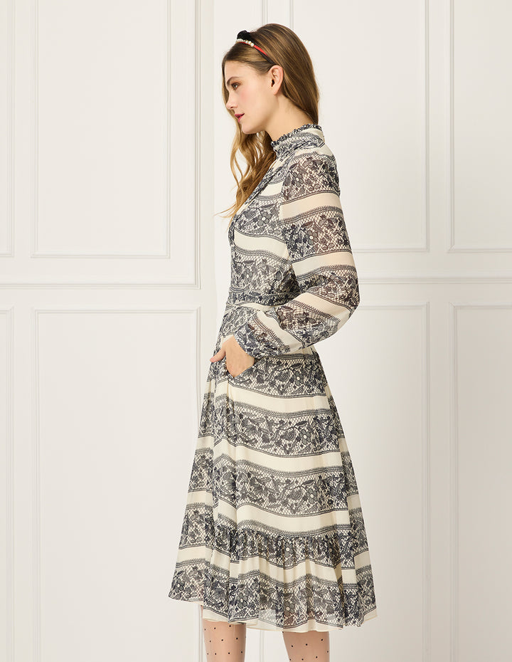 BORA AKSU Ruffle Stand Collar Pin-Tuck Lace-Floral Embroidery Print Puff Long-Sleeve Empire-Waist Pleated Midi Dress