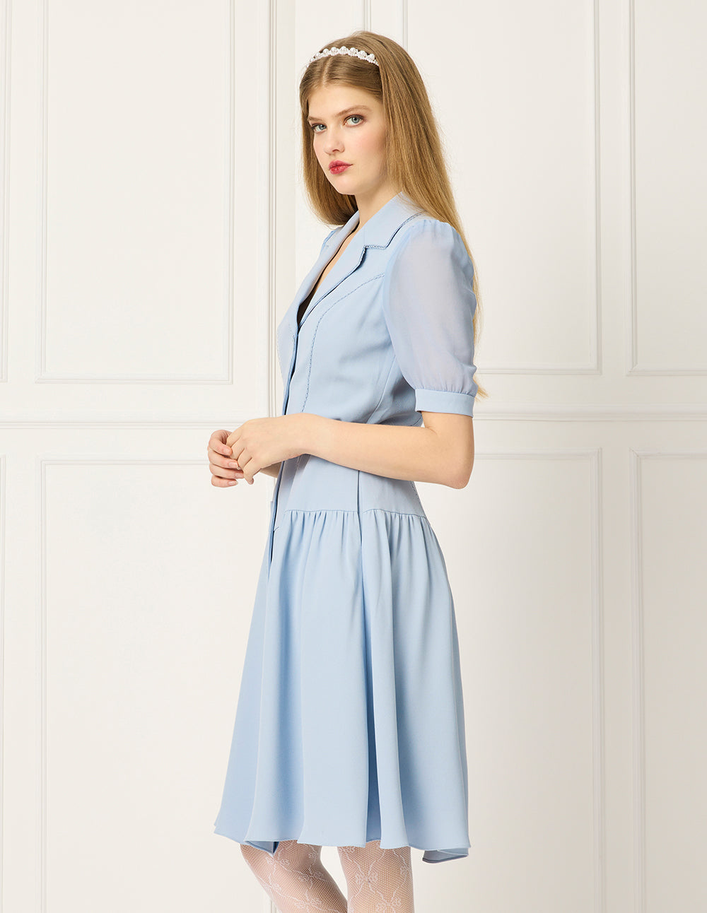 BORA AKSU Peaked Lapel Puff Short-Sleeve Single-Breasted Belted Pleated Midi Dress