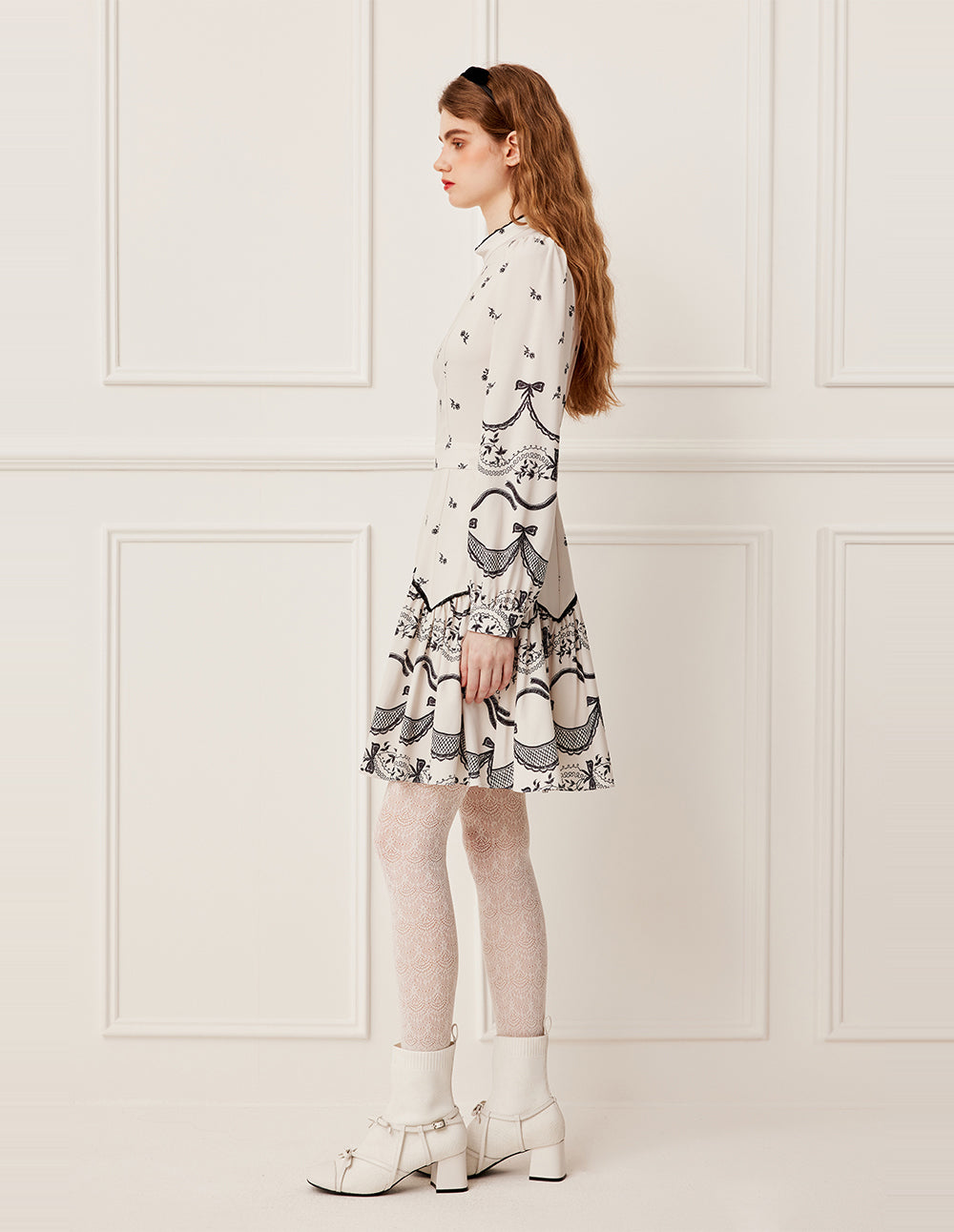 BORA AKSU Ruffled Mandarin Collar Floral Print Long Puff Sleeve Midi Dress