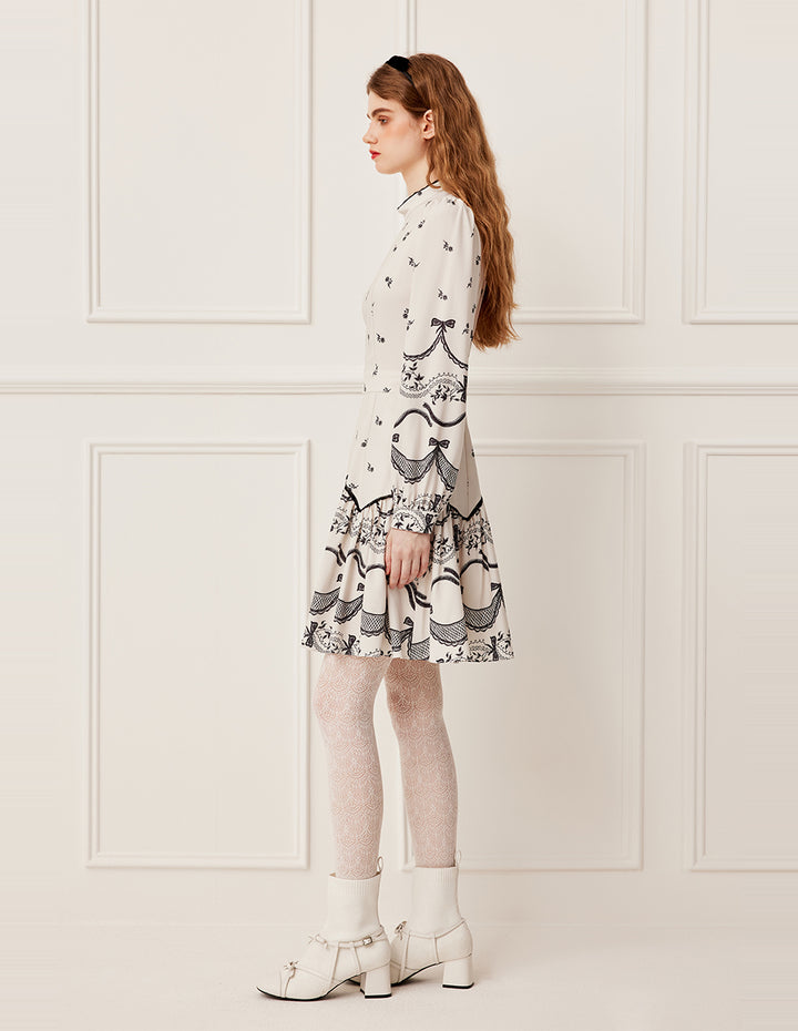 BORA AKSU Ruffled Mandarin Collar Floral Print Long Puff Sleeve Midi Dress