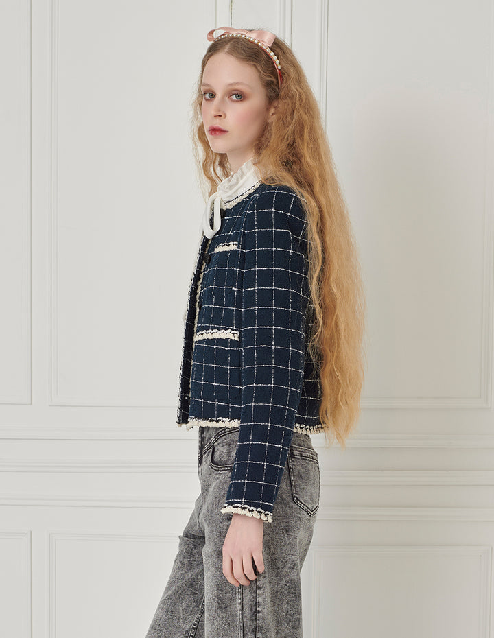 BORA AKSU Crew-Neck Long-Sleeve Stripe-Checkbox Trim Cropped Jacket