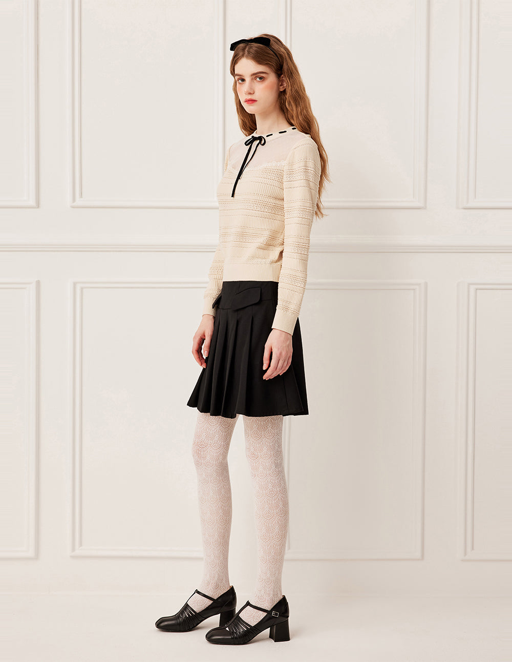 BORA AKSU Round Neck Sheer Lace Patchwork Long Sleeve Knit Pullover