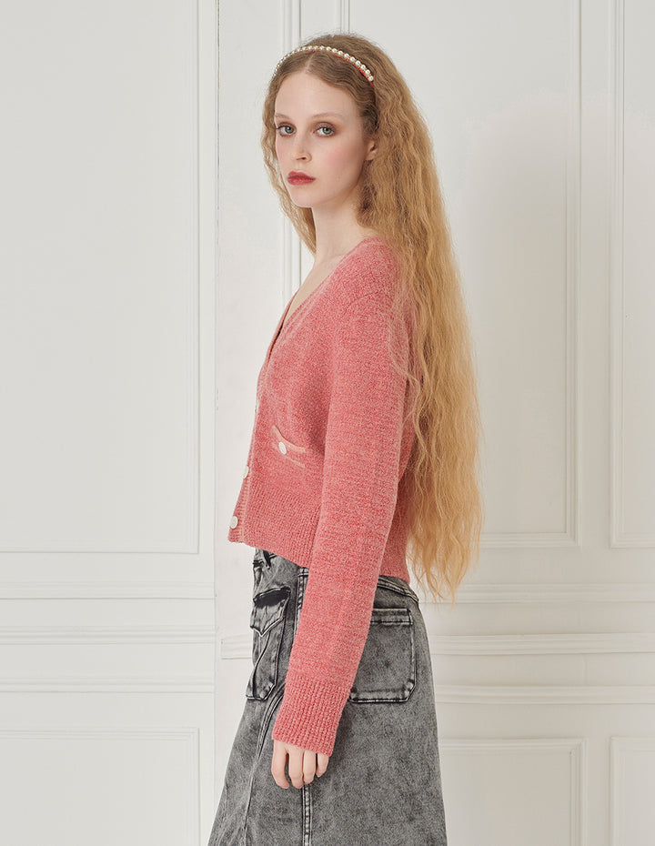 BORA AKSU Two-Color Mixed Knitted Small Fragrance V-Neck Knitted Cardigan
