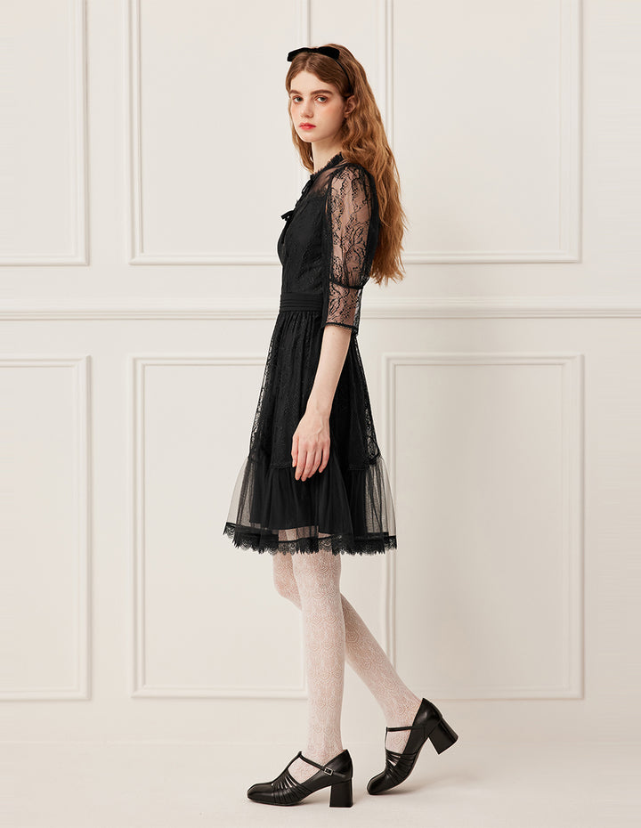 BORA AKSU Ruffled Round Neck Sheer Lace Long Sleeve Midi Dress