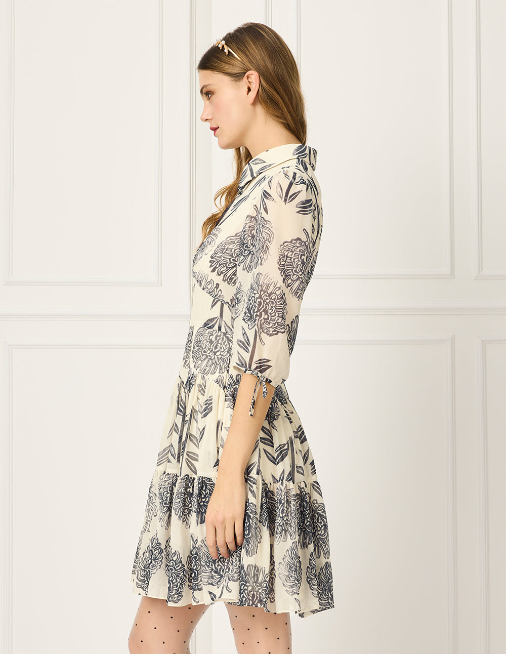 BORA AKSU Collar Sheer Dahlia Print Pleated Flounce Midi Shirt Dress