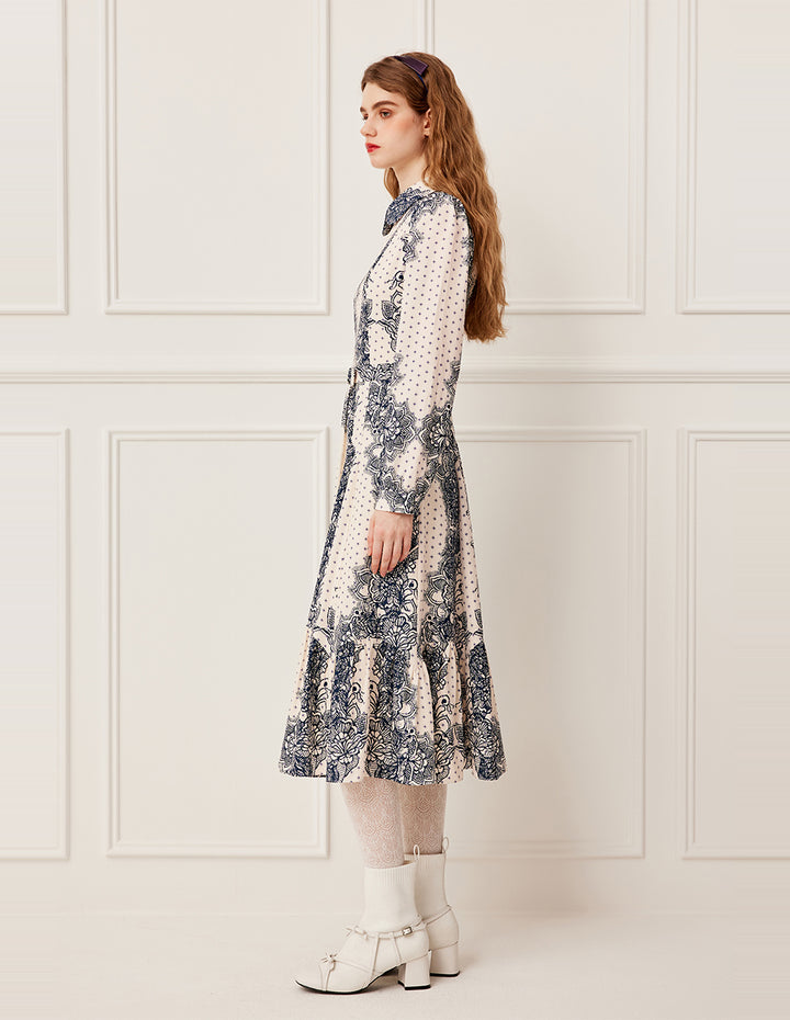 BORA AKSU Lapel Puff Long Sleeve Polka Dot Floral Lace Print Pleated Midi Dress