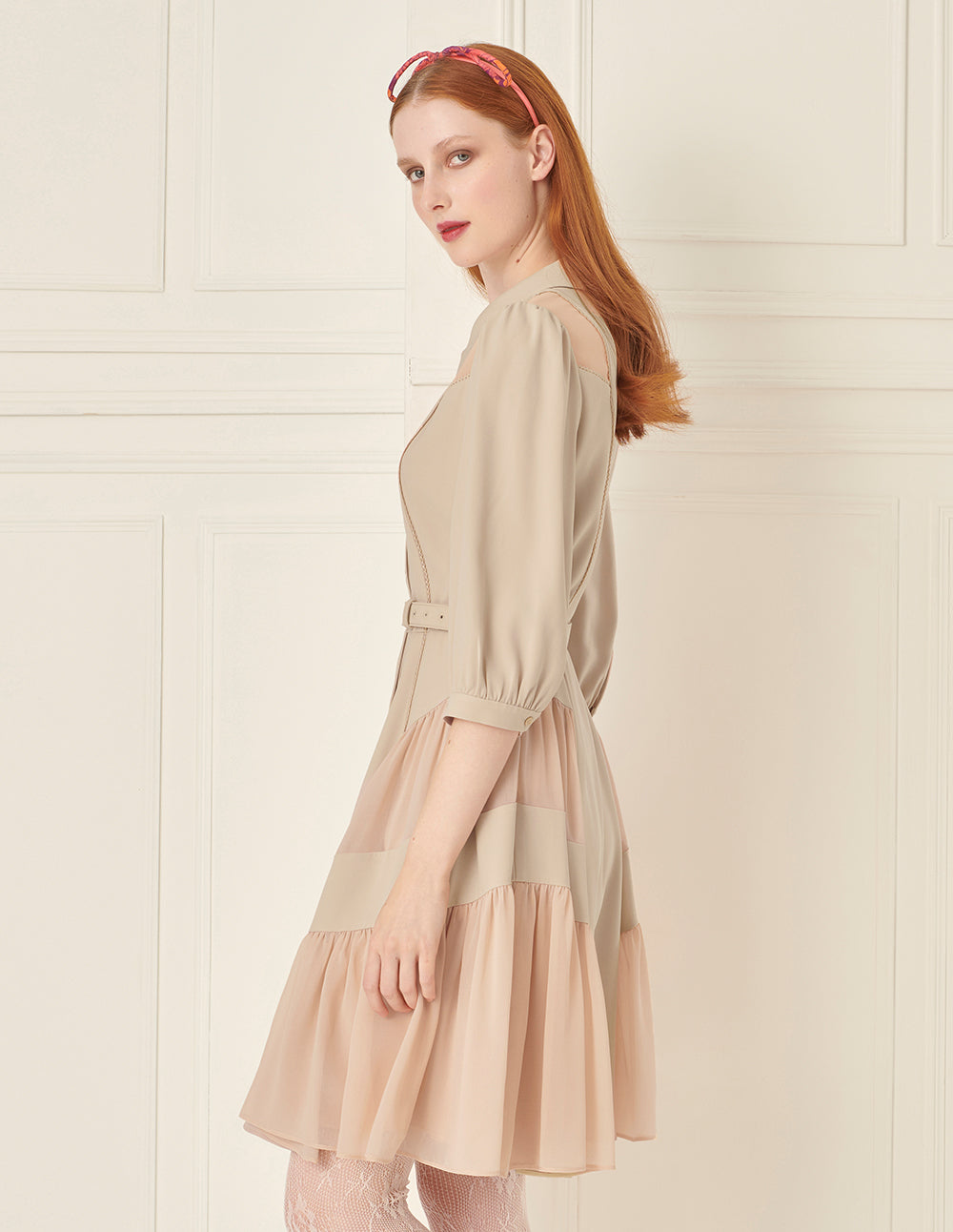 BORA AKSU Puff Sleeve Paneled Pleated Belt Dress
