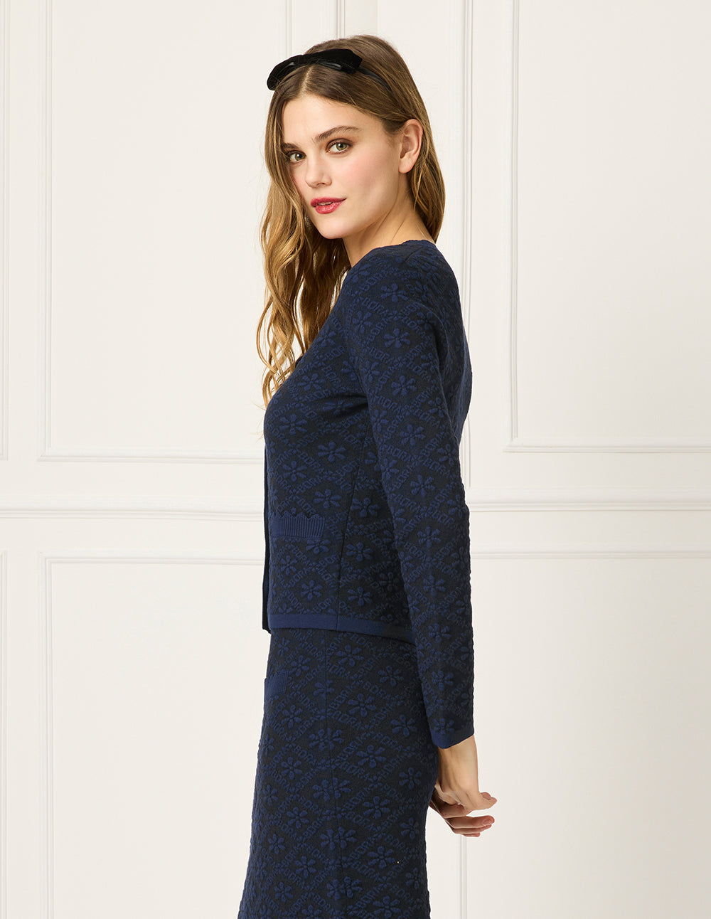 BORA AKSU Square Ruffle-Collar Floral Print Long-Sleeve Knit Cardigan