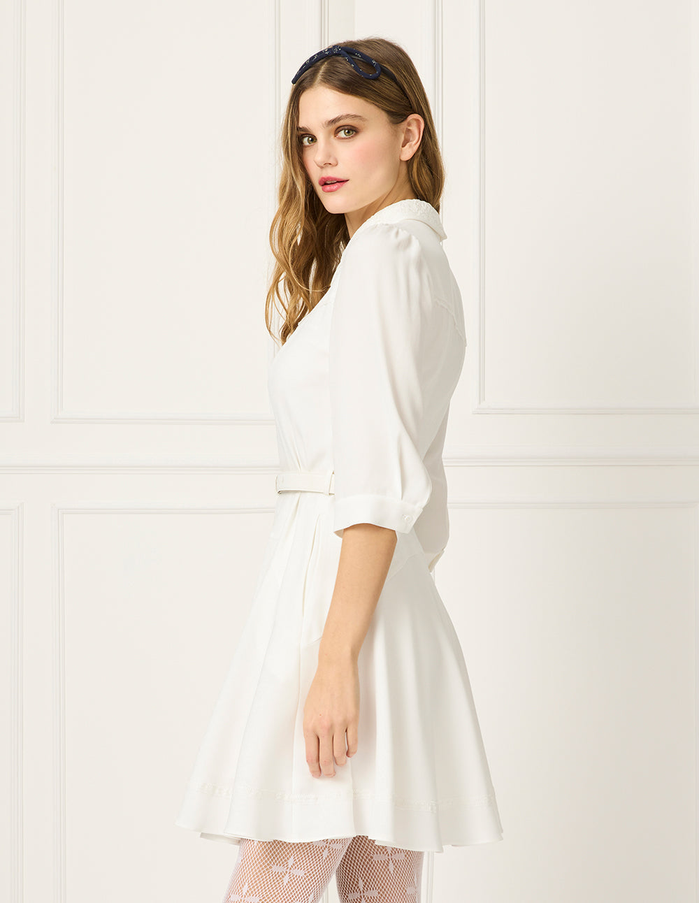 BORA AKSU Peter Pan Collar Puff Sleeve Waist-Tie Pleated Midi White Dress