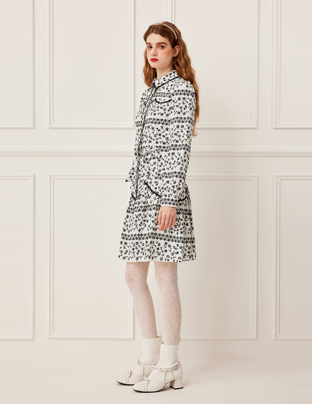 BORA AKSU Black Floral Print Puff Sleeve Midi Dress with Lace Trim