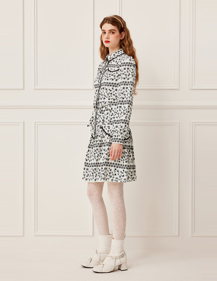 BORA AKSU Black Floral Print Puff Sleeve Midi Dress with Lace Trim