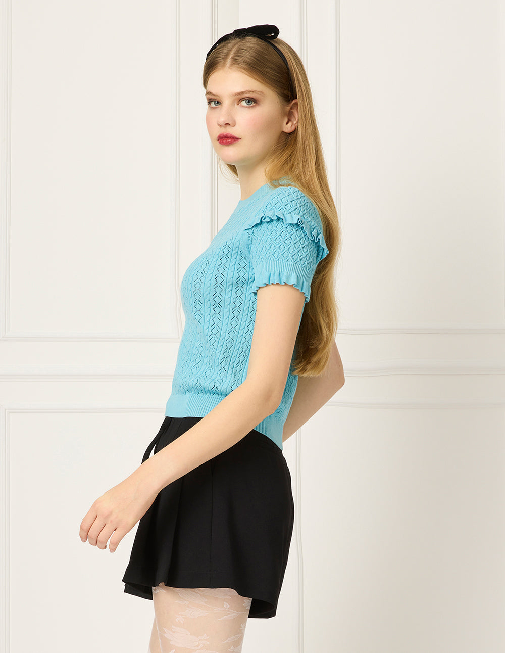 BORA AKSU Round Neck Short-Sleeve Ruffle Trimmed Knit Pullover