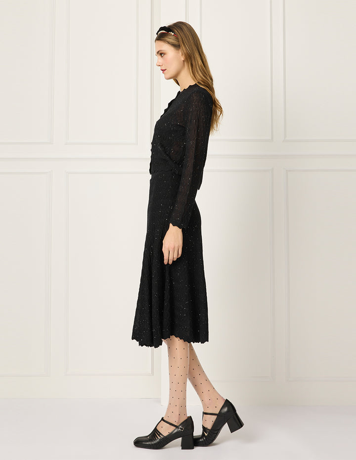 BORA AKSU A-line Sequined Knee-Length Pleated Knitted Skirt