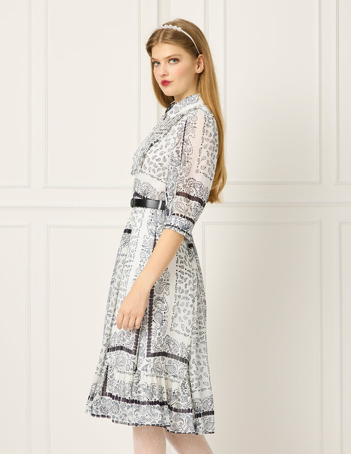 BORA AKSU Collared Puff-Sleeve Paisley Print Midi Trumpet Shirt Dress