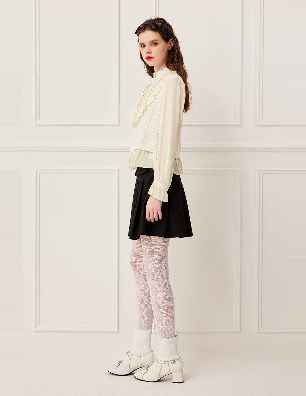 BORA AKSU Ruffled Mandarin Collar Pin-Tuck Wool Blend Knit Top