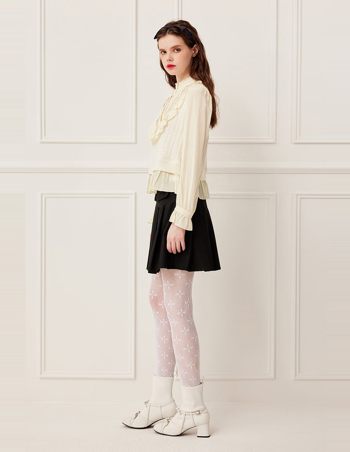 BORA AKSU Ruffled Mandarin Collar Pin-Tuck Wool Blend Knit Top