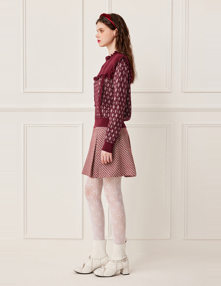 BORA AKSU Ruffled Turtleneck Cape Patchwork Double-Layer Diamond Pattern Knit Pullover