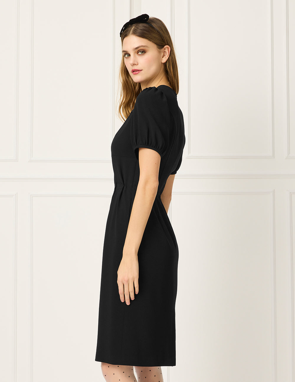BORA AKSU Round-Neck Puff Short-Sleeve Pin-Tuck Lace-Trimmed Empire-Waist Pleated Midi Dress