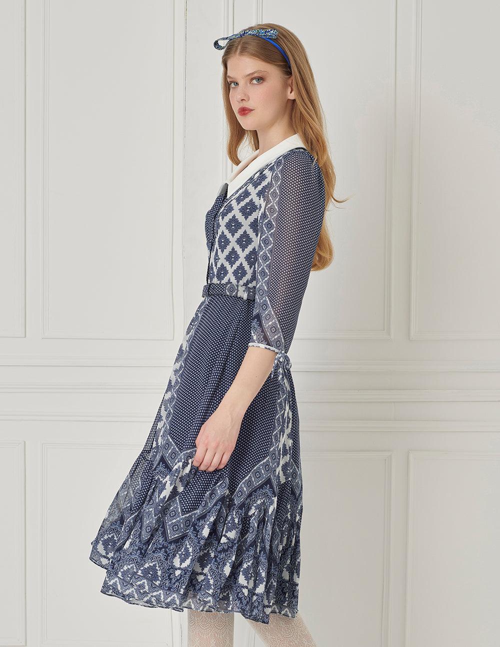 BORA AKSU French Retro Puff Sleeve Ruffle Print Dress