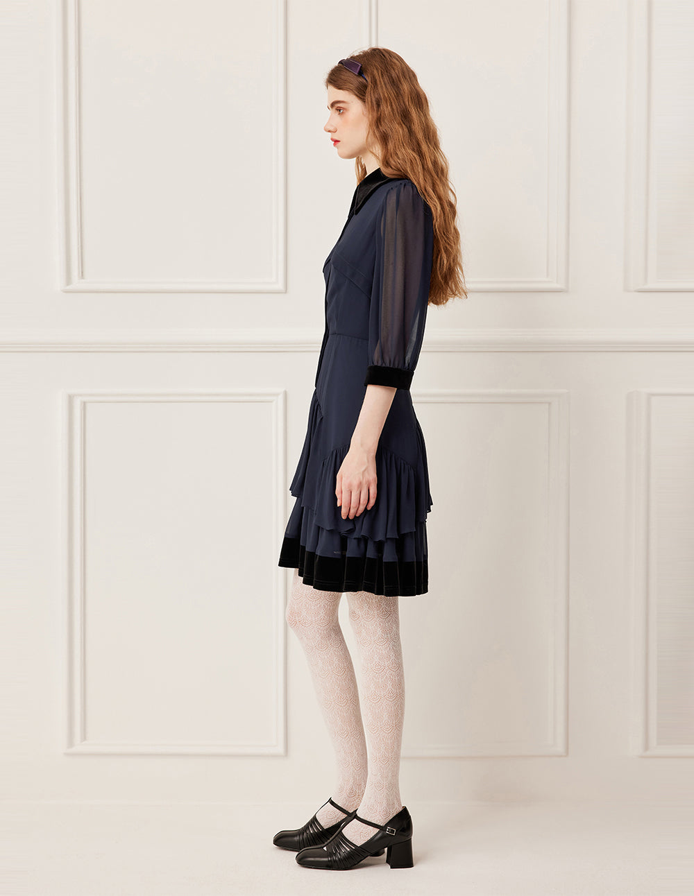 BORA AKSU Luxurious Velvet Collar Sheer Long Sleeve Multi-Layer Ruffle Midi Dress