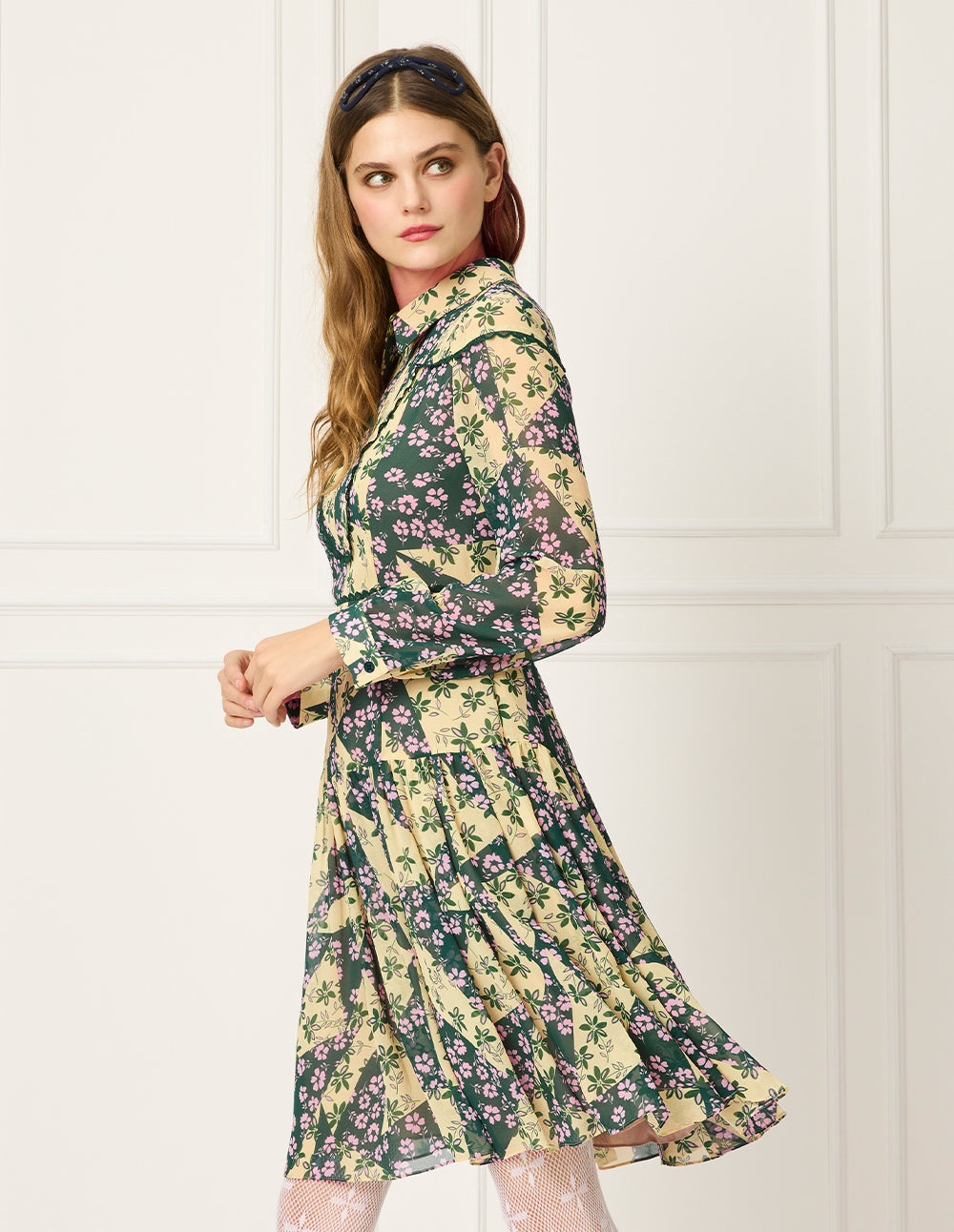 BORA AKSU Shirt-Collared Bubble Sleeve Floral Printed Pleated Midi Dress