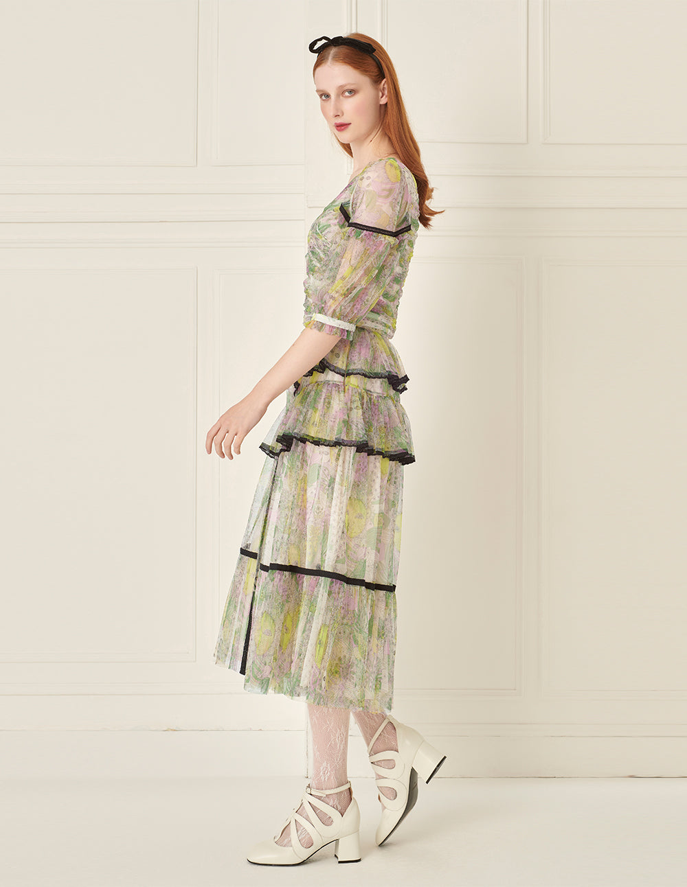 BORA AKSU Tiered Ruffled Printed Mesh Skirt