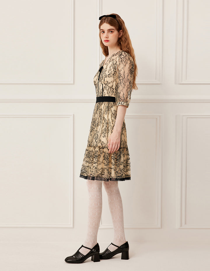 BORA AKSU Sheer V-Neck Lace Trim Floral Print Midi Dress