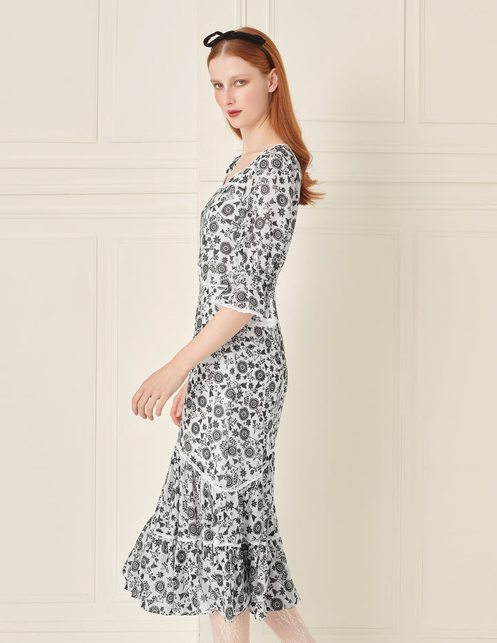 BORA AKSU Retro Square Neck Puff Sleeve Ruffle Print Dress