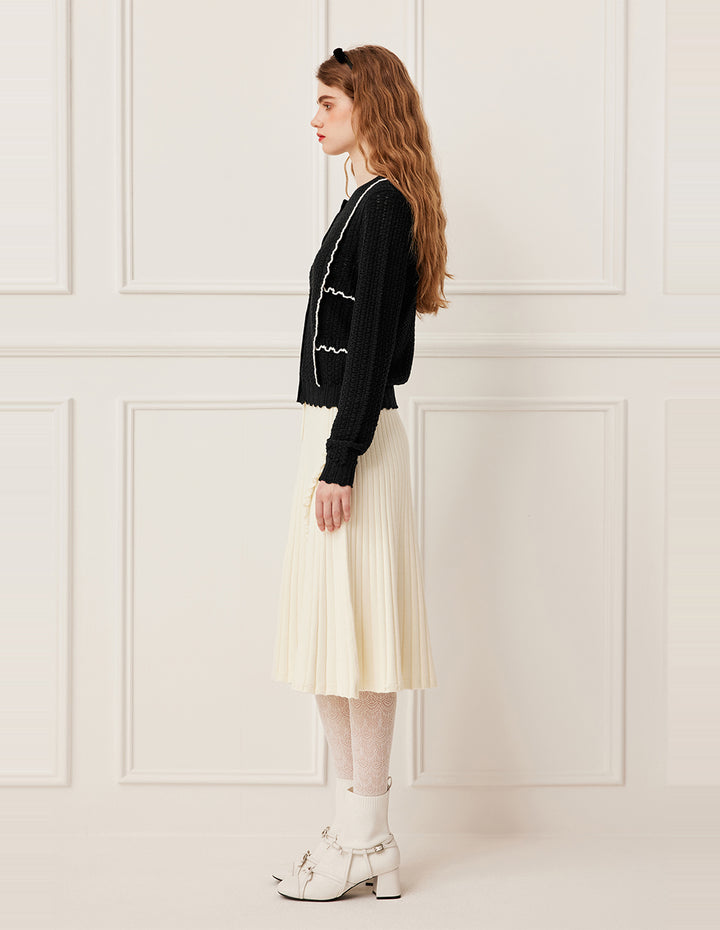 BORA AKSU Round Neck Long Sleeve Openwork White Stripes Knit Cardigan