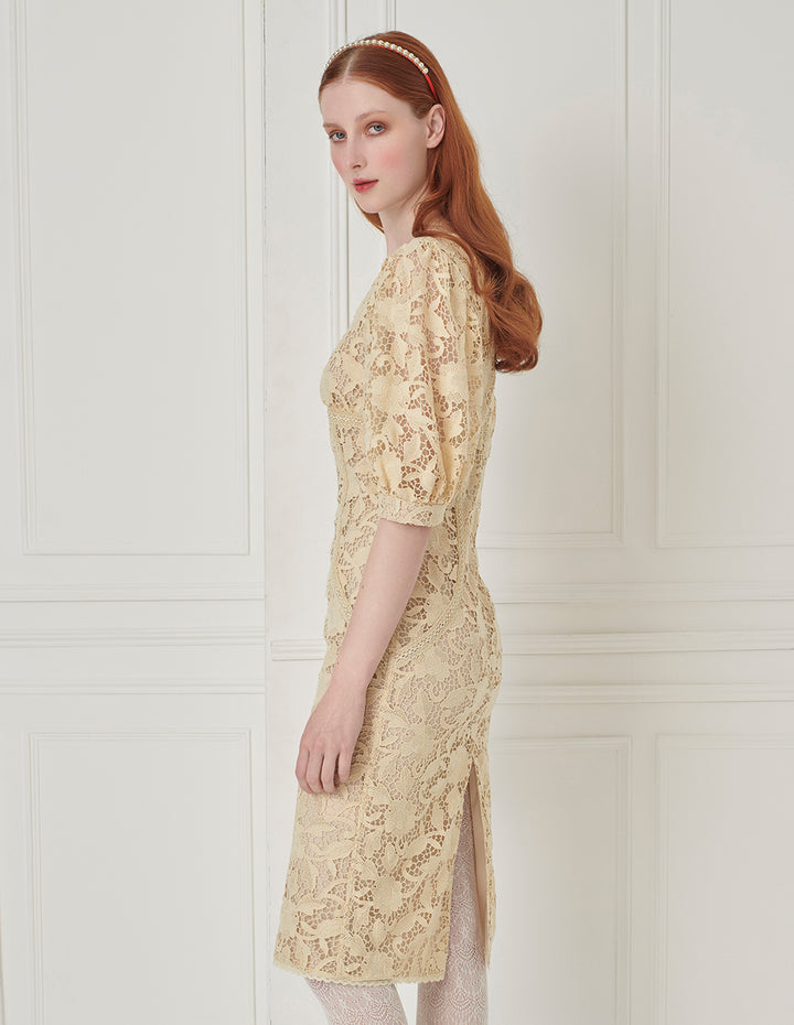 BORA AKSU Beige Fitted Lace Dress With Diamond Square Neck Puff Sleeves