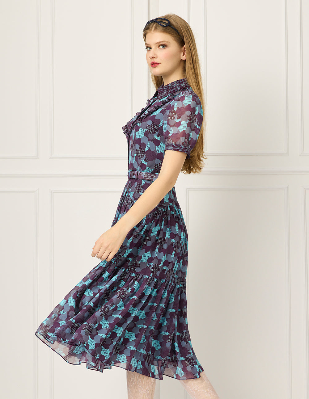 BORA AKSU Lapel Ruffle Trim Polka Dots Puff Short Sleeve Pleated Midi Shirt Dress