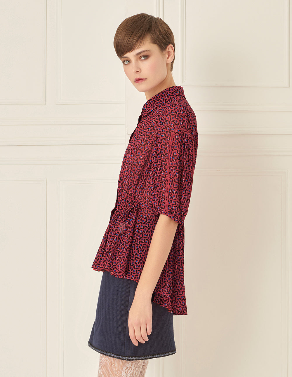 BORA AKSU French Puff Sleeves Smocked Waist Floral Blouse